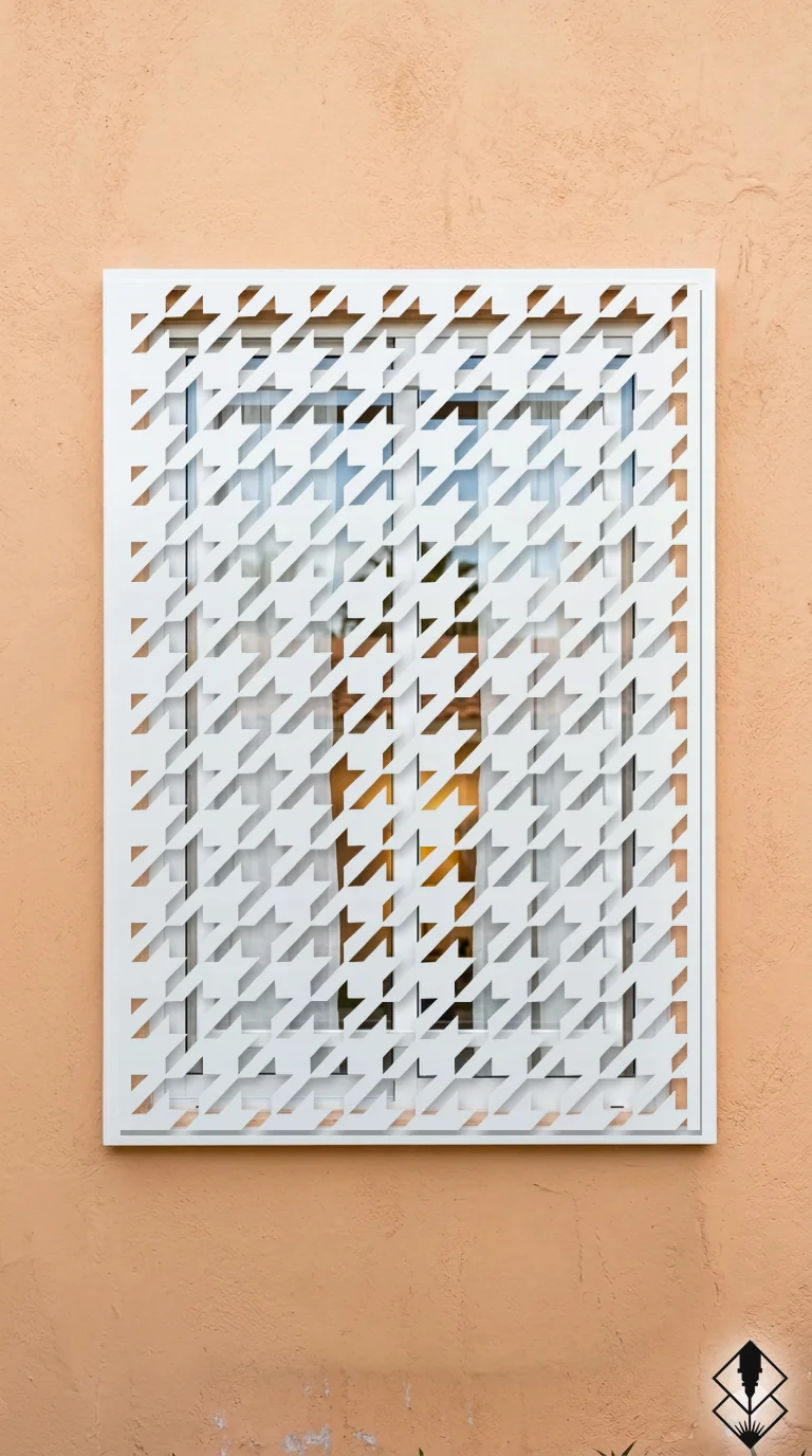 Celosía Houndstooth en protección de ventana blanco, corte láser CNC en acero · Prometeus