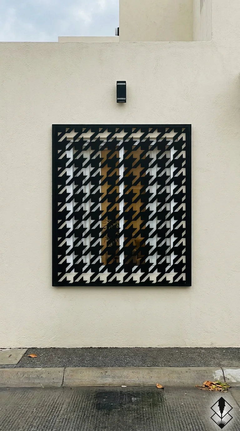Celosía Houndstooth en protección de ventana negro, corte láser CNC en acero · Prometeus