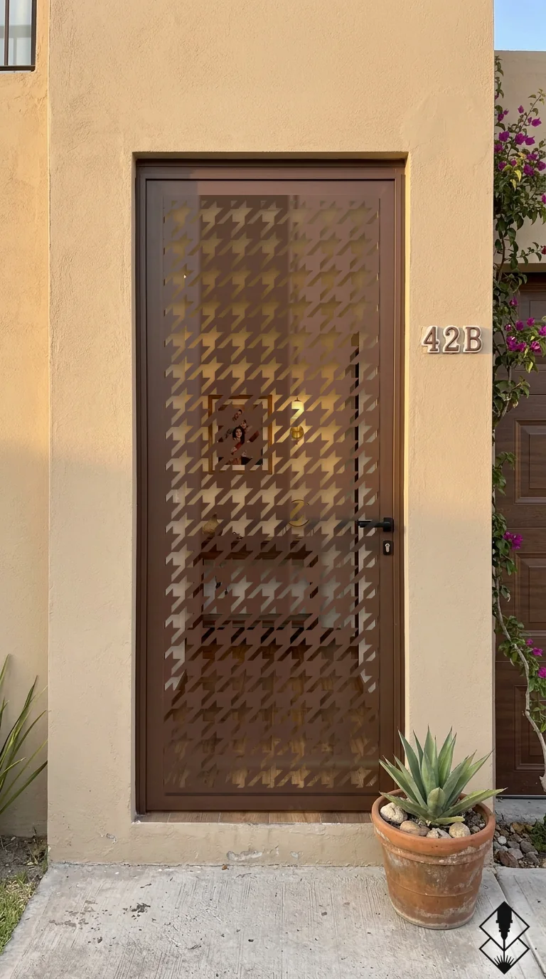 Celosía Houndstooth en puerta chocolate, corte láser CNC en acero · Prometeus
