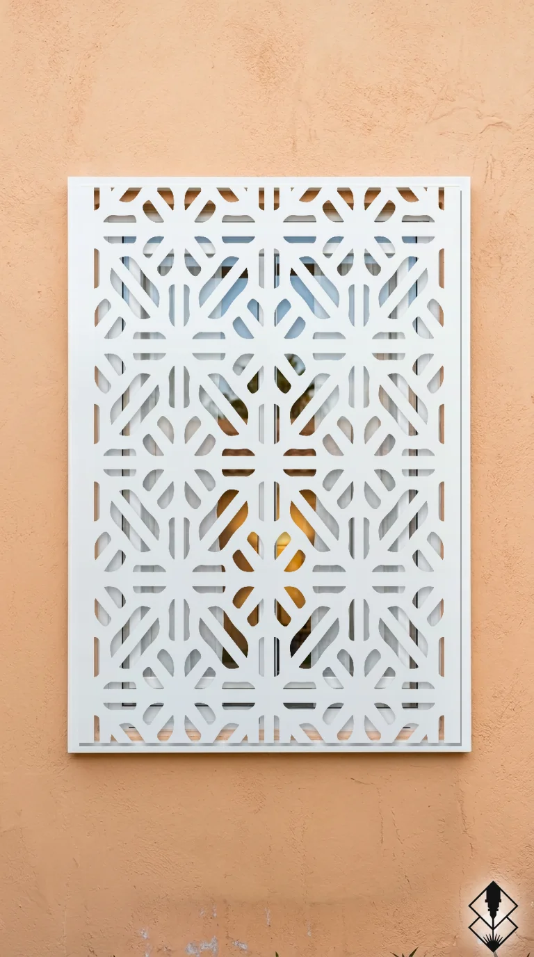 Celosía Jamal en protección de ventana blanco, corte láser CNC en acero · Prometeus