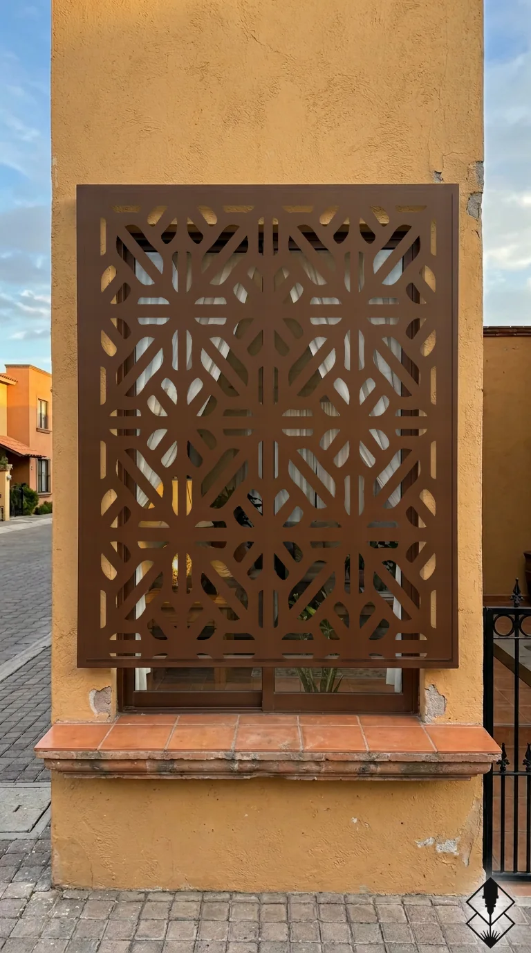 Celosía Jamal en protección de ventana chocolate, corte láser CNC en acero · Prometeus