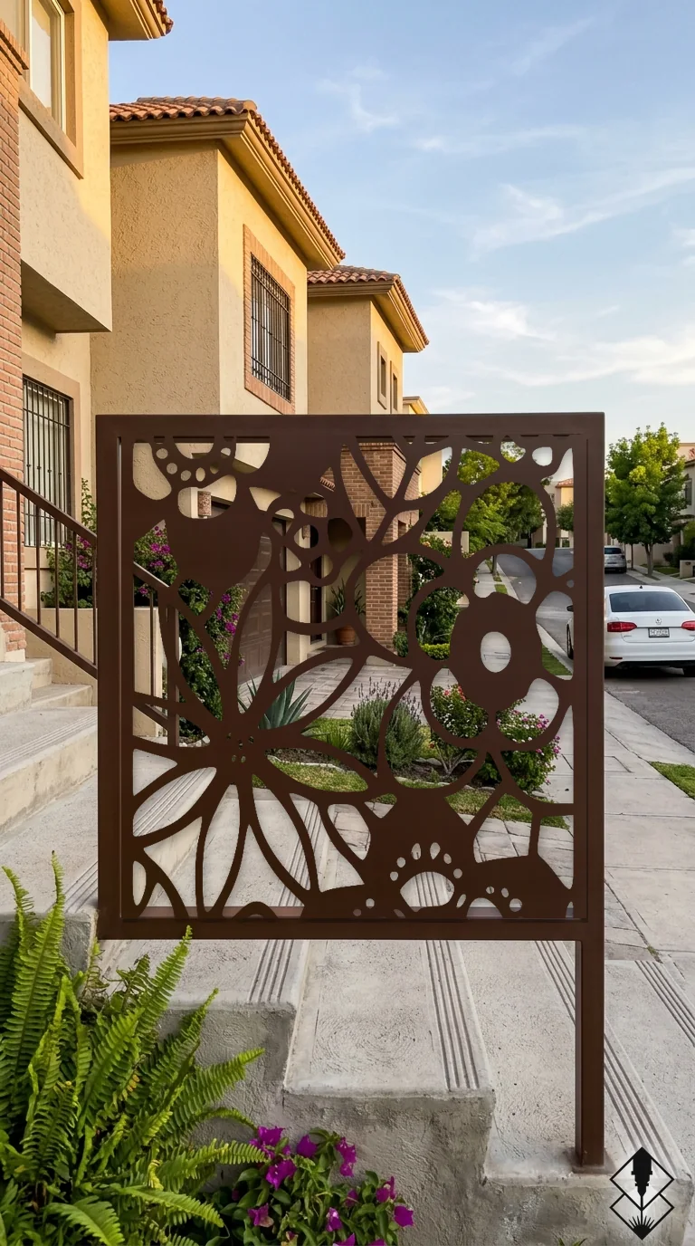Celosía Jardin en barandal chocolate, corte láser CNC en acero · Prometeus