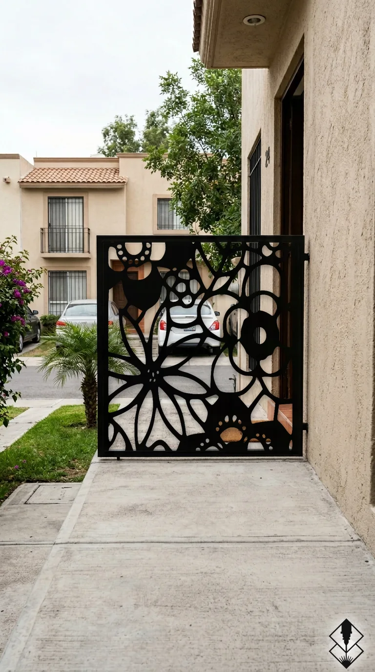 Celosía Jardin en barandal negro, corte láser CNC en acero · Prometeus