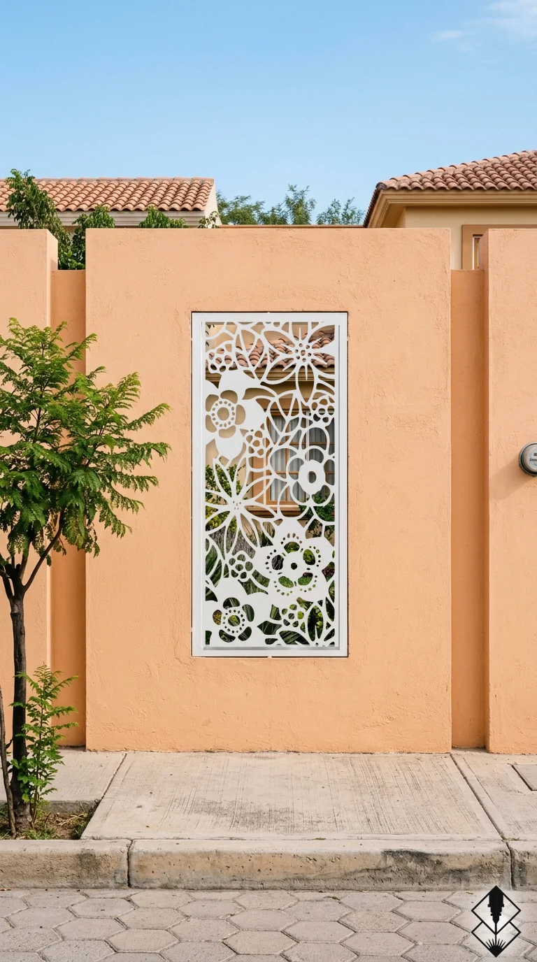 Celosía Jardin en mampara de exterior blanco, corte láser CNC en acero · Prometeus