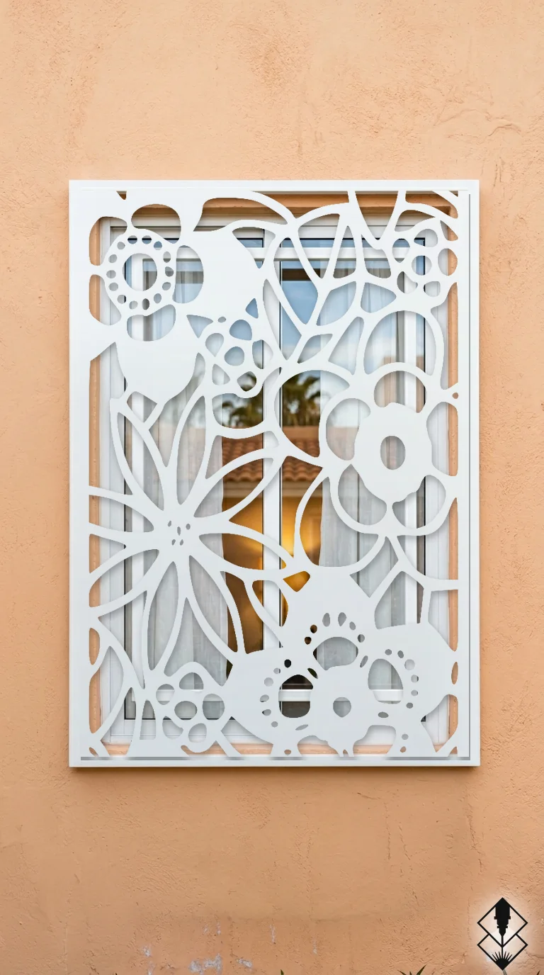 Celosía Jardin en protección de ventana blanco, corte láser CNC en acero · Prometeus