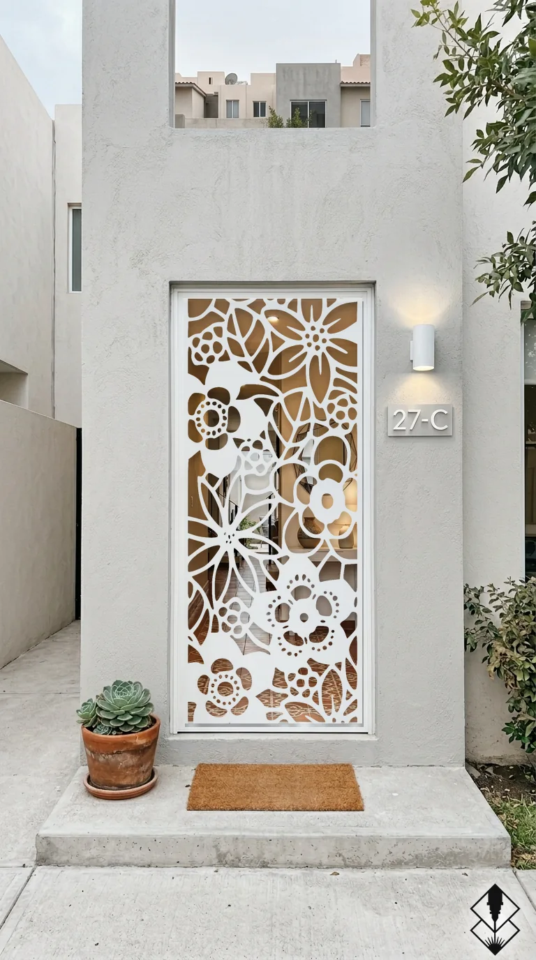 Celosía Jardin en puerta blanco, corte láser CNC en acero · Prometeus