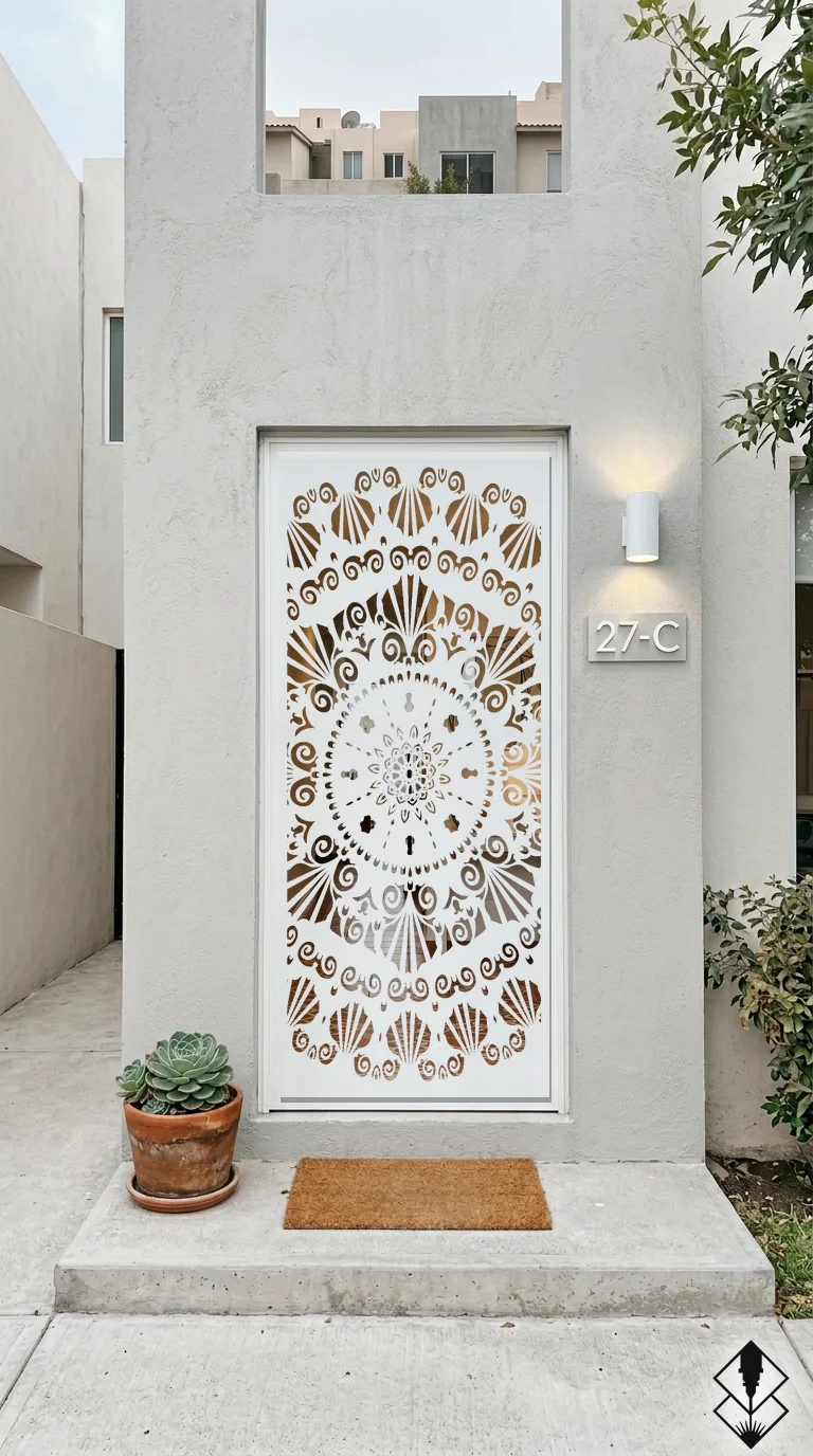 Celosía Karma en puerta blanco, corte láser CNC en acero · Prometeus