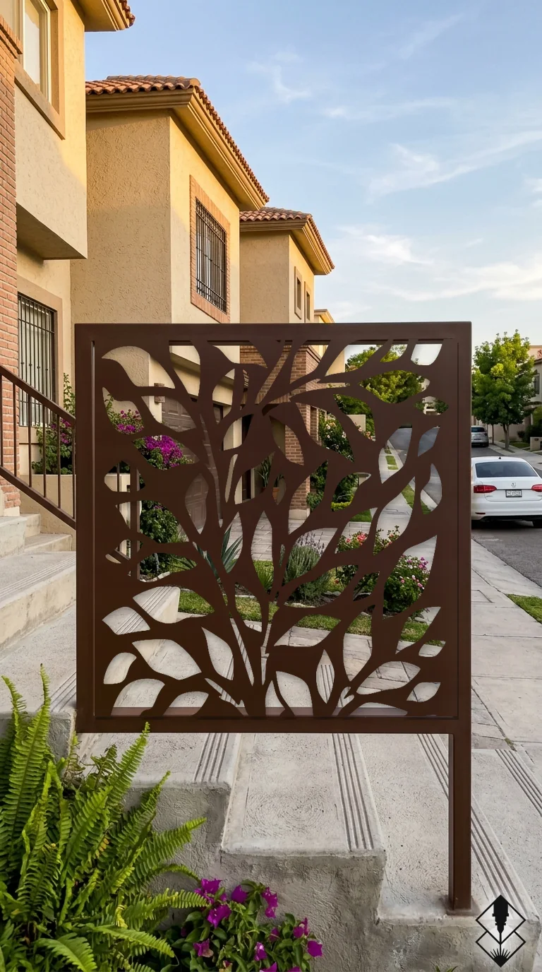 Celosía Laurel en barandal chocolate, corte láser CNC en acero · Prometeus