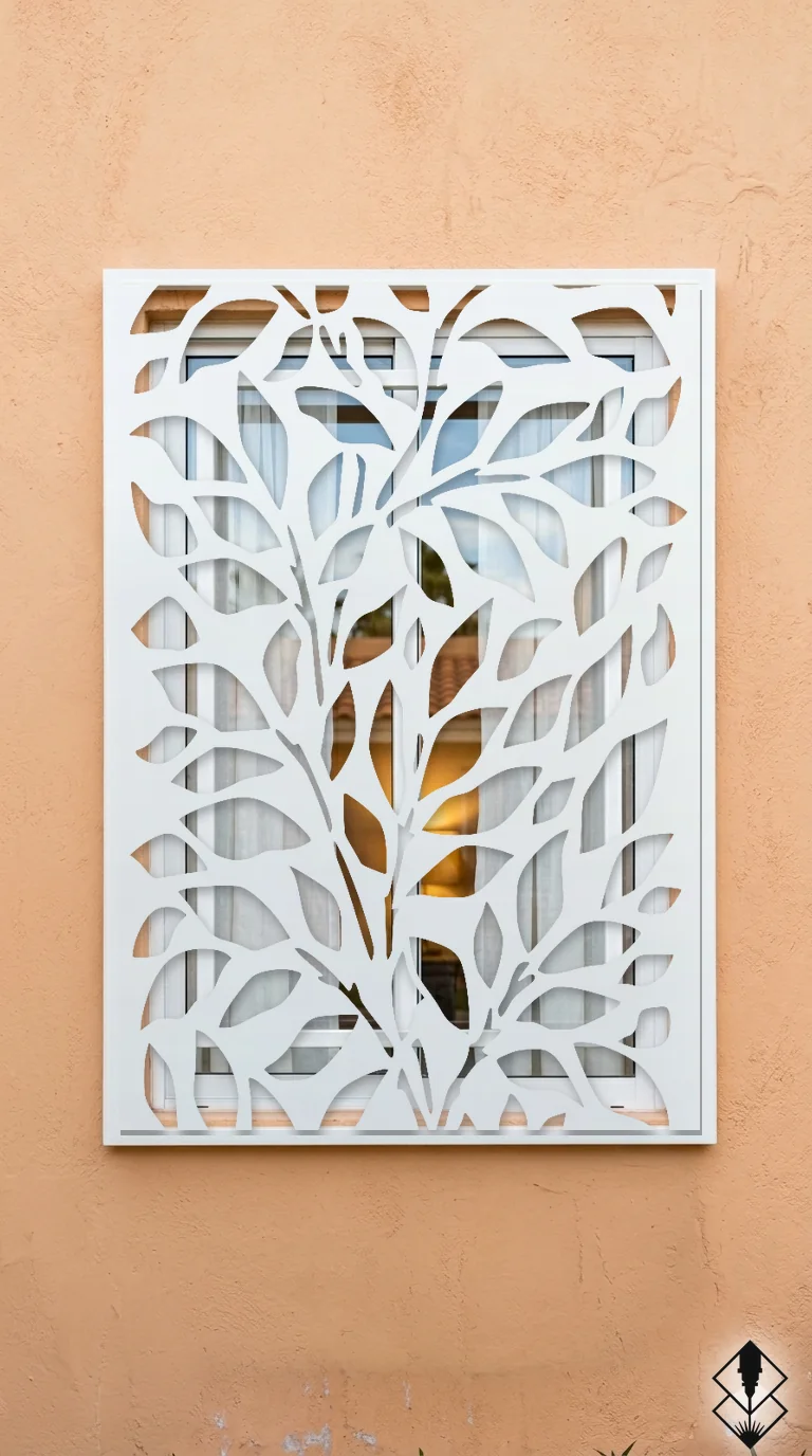 Celosía Laurel en protección de ventana blanco, corte láser CNC en acero · Prometeus