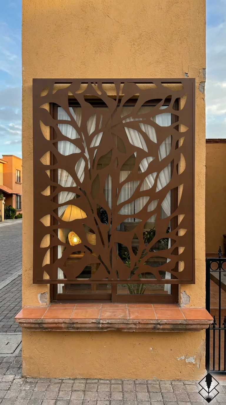 Celosía Laurel en protección de ventana chocolate, corte láser CNC en acero · Prometeus