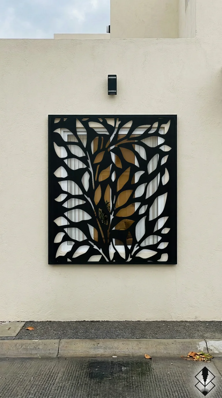 Celosía Laurel en protección de ventana negro, corte láser CNC en acero · Prometeus
