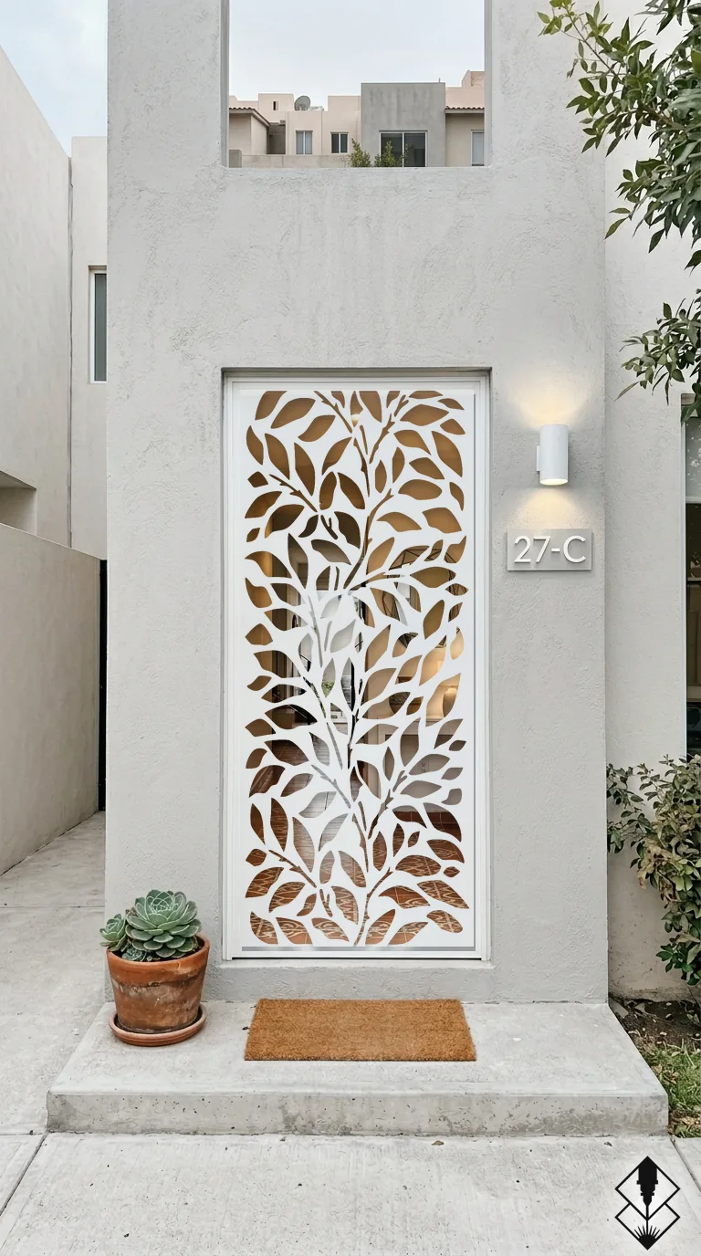 Celosía Laurel en puerta blanco, corte láser CNC en acero · Prometeus