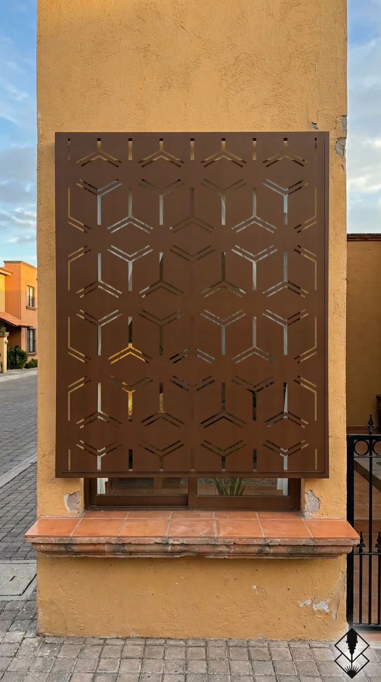 Celosía Malla Dinamica en protección de ventana chocolate, corte láser CNC en acero · Prometeus