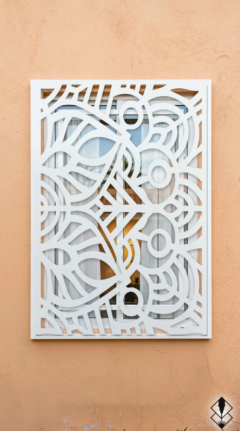 Celosía Mandala2 en protección de ventana blanco, corte láser CNC en acero · Prometeus