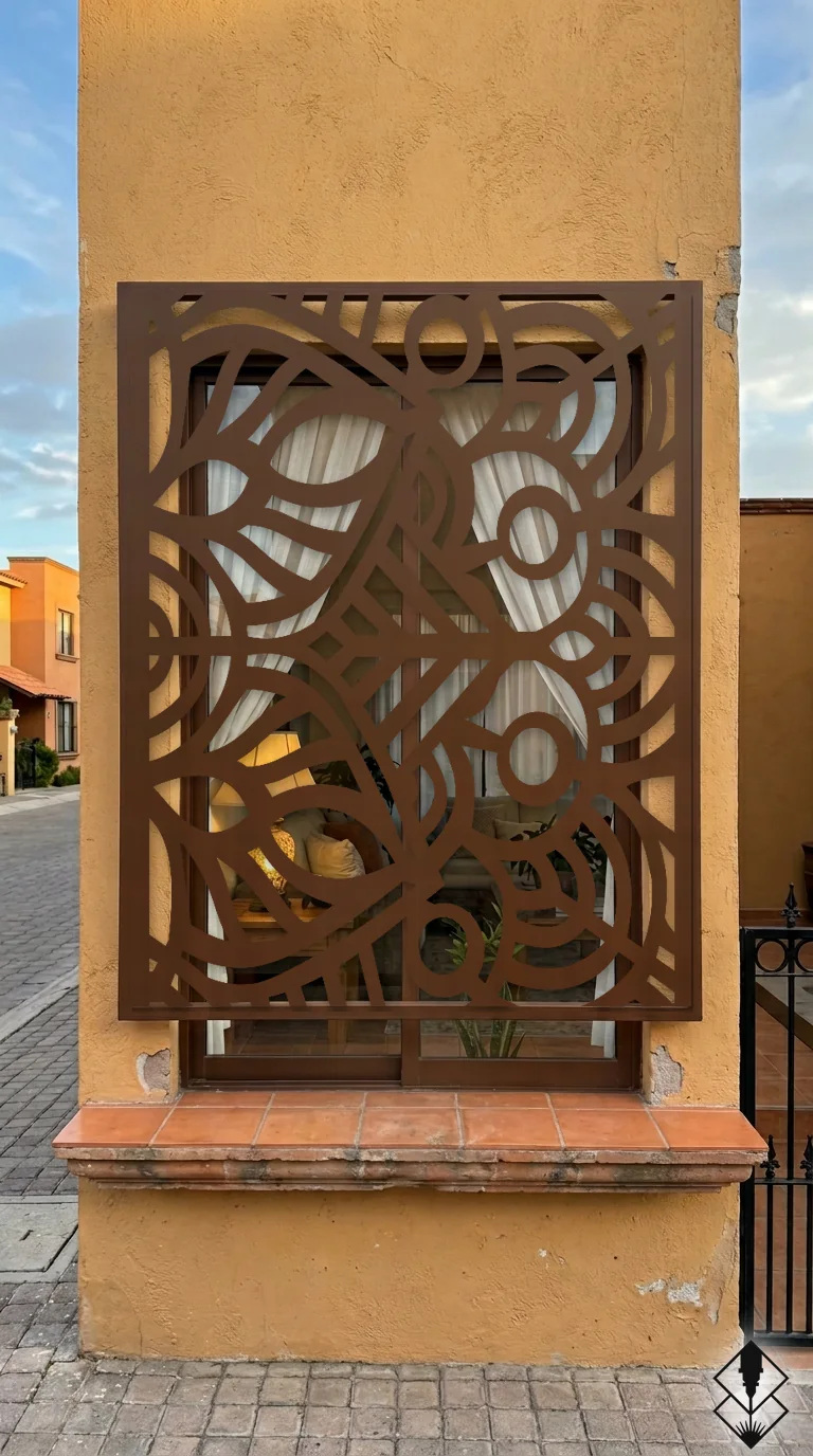 Celosía Mandala2 en protección de ventana chocolate, corte láser CNC en acero · Prometeus