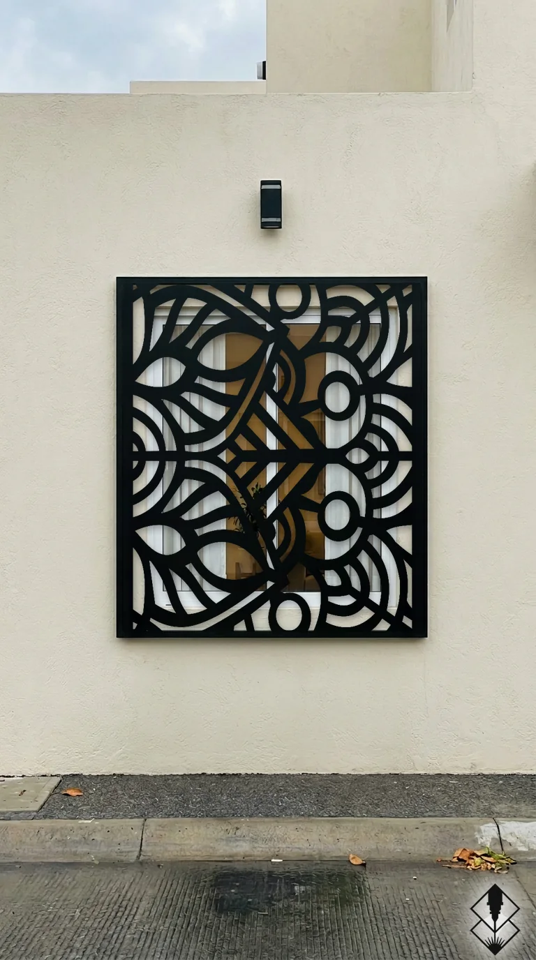 Celosía Mandala2 en protección de ventana negro, corte láser CNC en acero · Prometeus