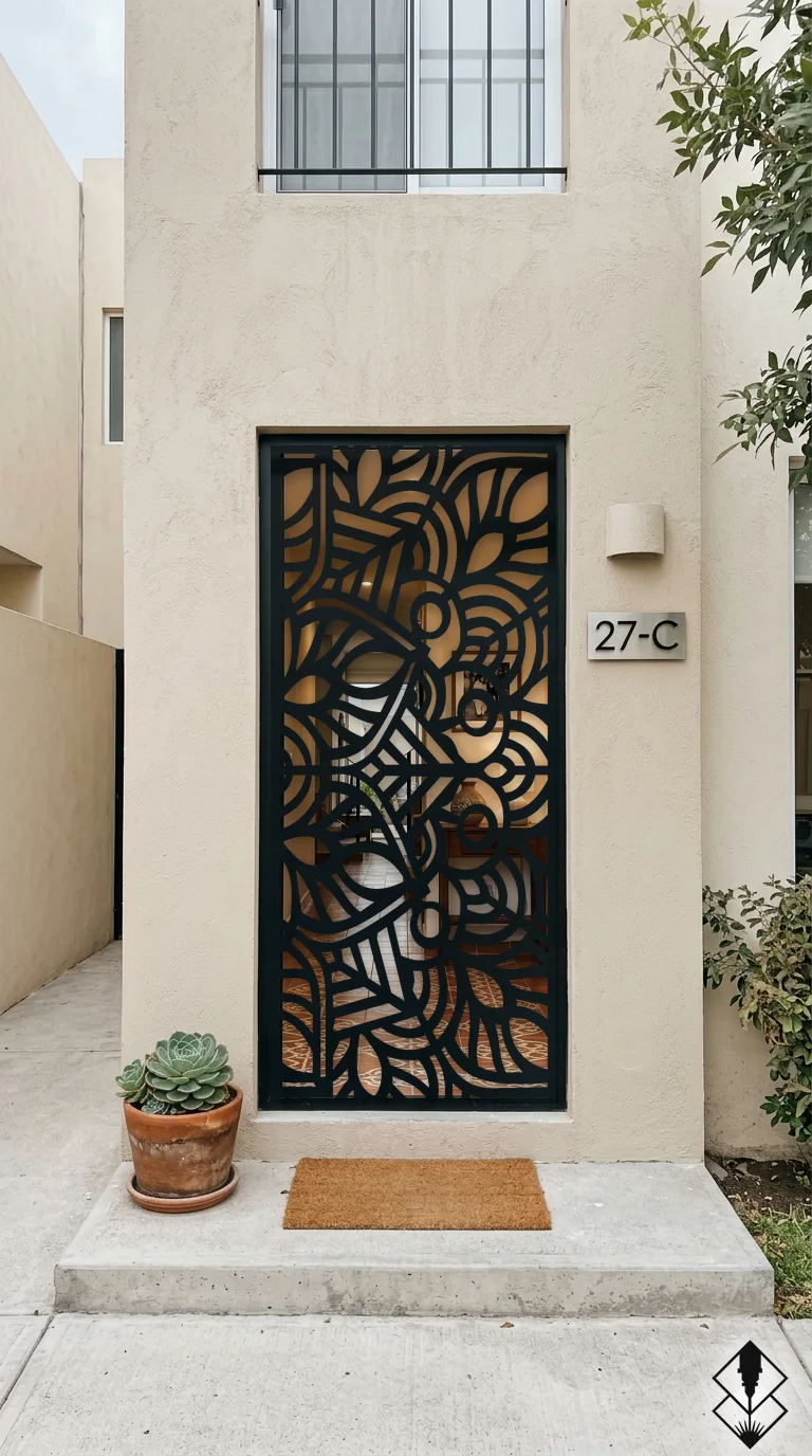 Celosía Mandala2 en puerta negro, corte láser CNC en acero · Prometeus