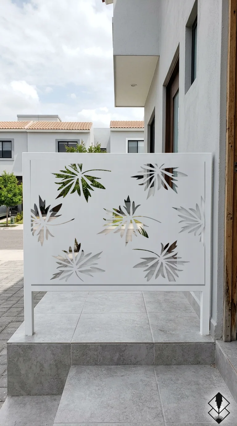 Celosía Maple en barandal blanco, corte láser CNC en acero · Prometeus