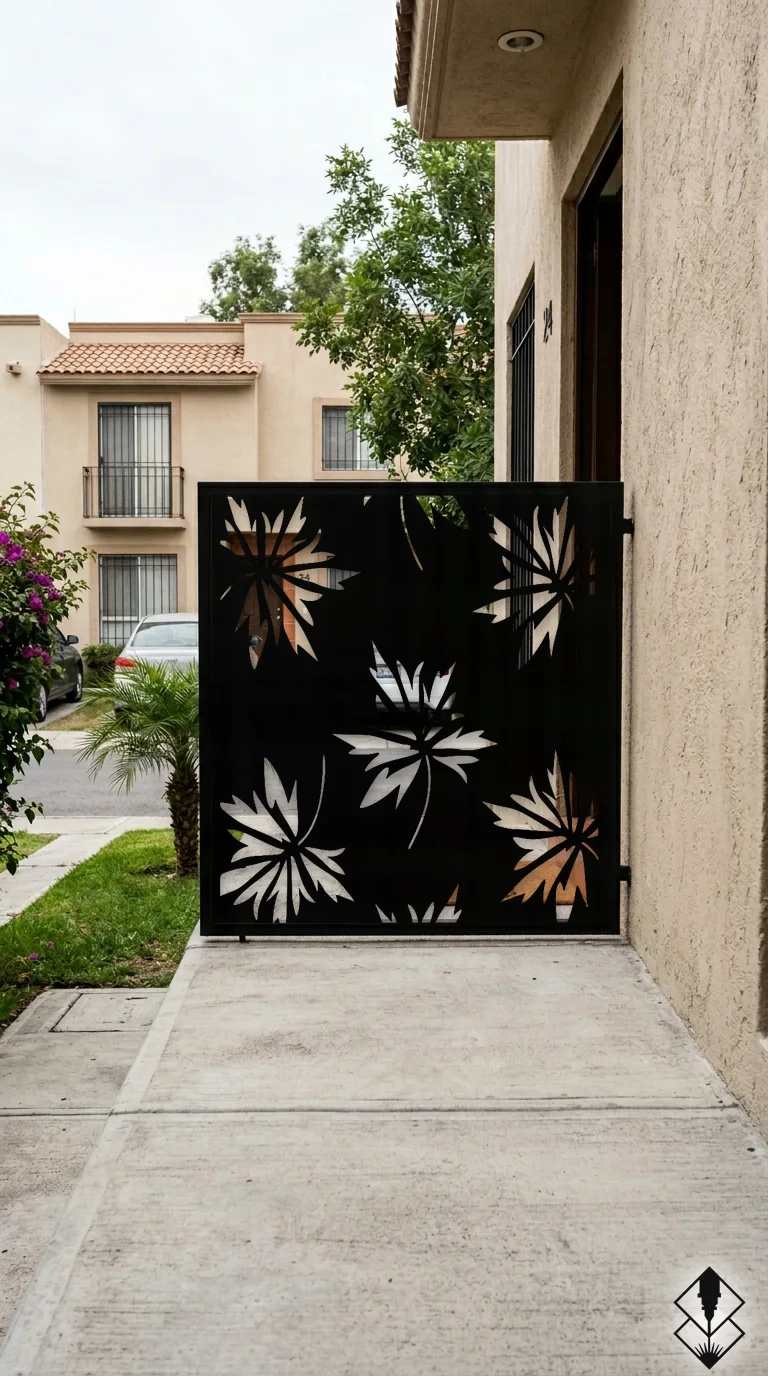 Celosía Maple en barandal negro, corte láser CNC en acero · Prometeus