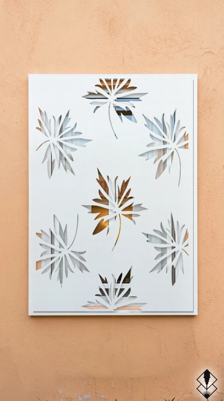 Celosía Maple en protección de ventana blanco, corte láser CNC en acero · Prometeus