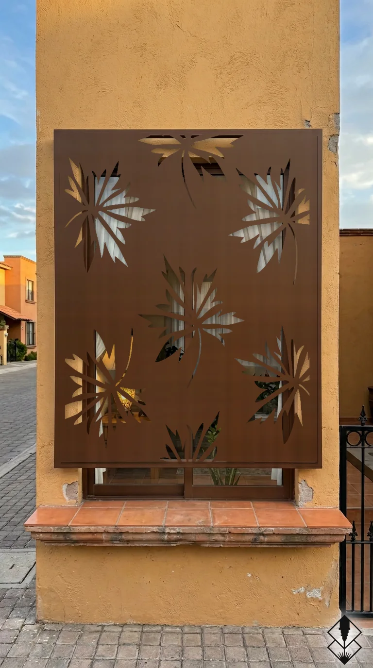 Celosía Maple en protección de ventana chocolate, corte láser CNC en acero · Prometeus