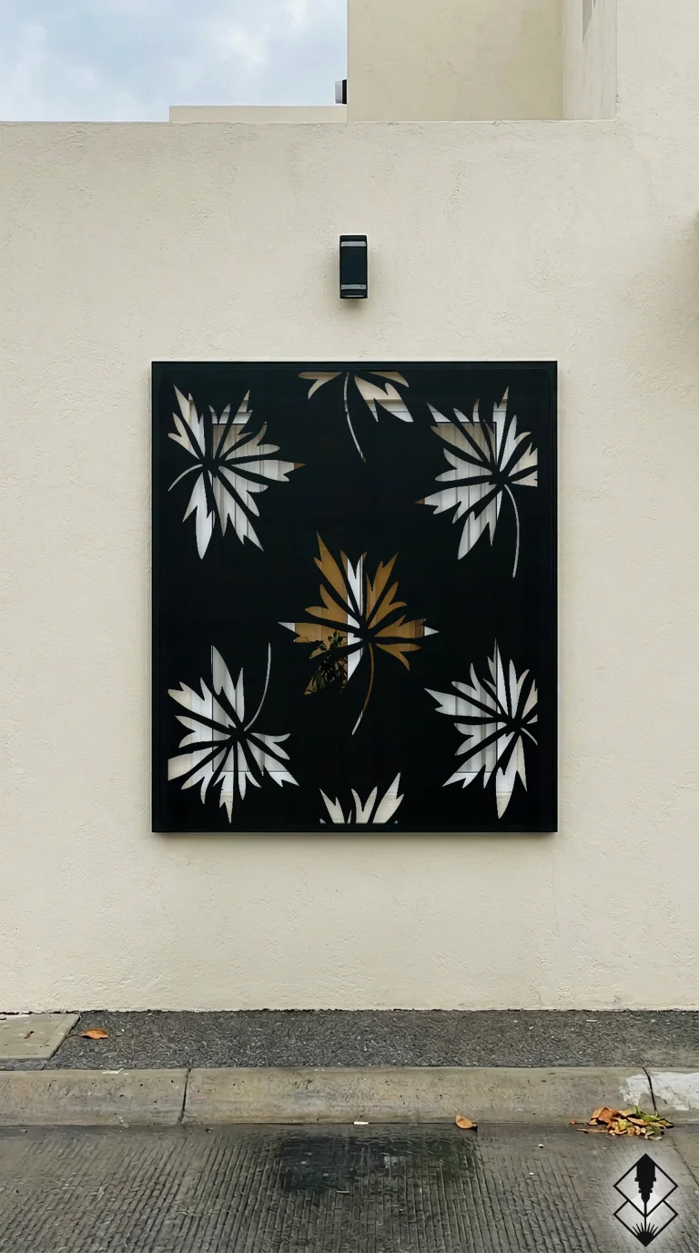 Celosía Maple en protección de ventana negro, corte láser CNC en acero · Prometeus