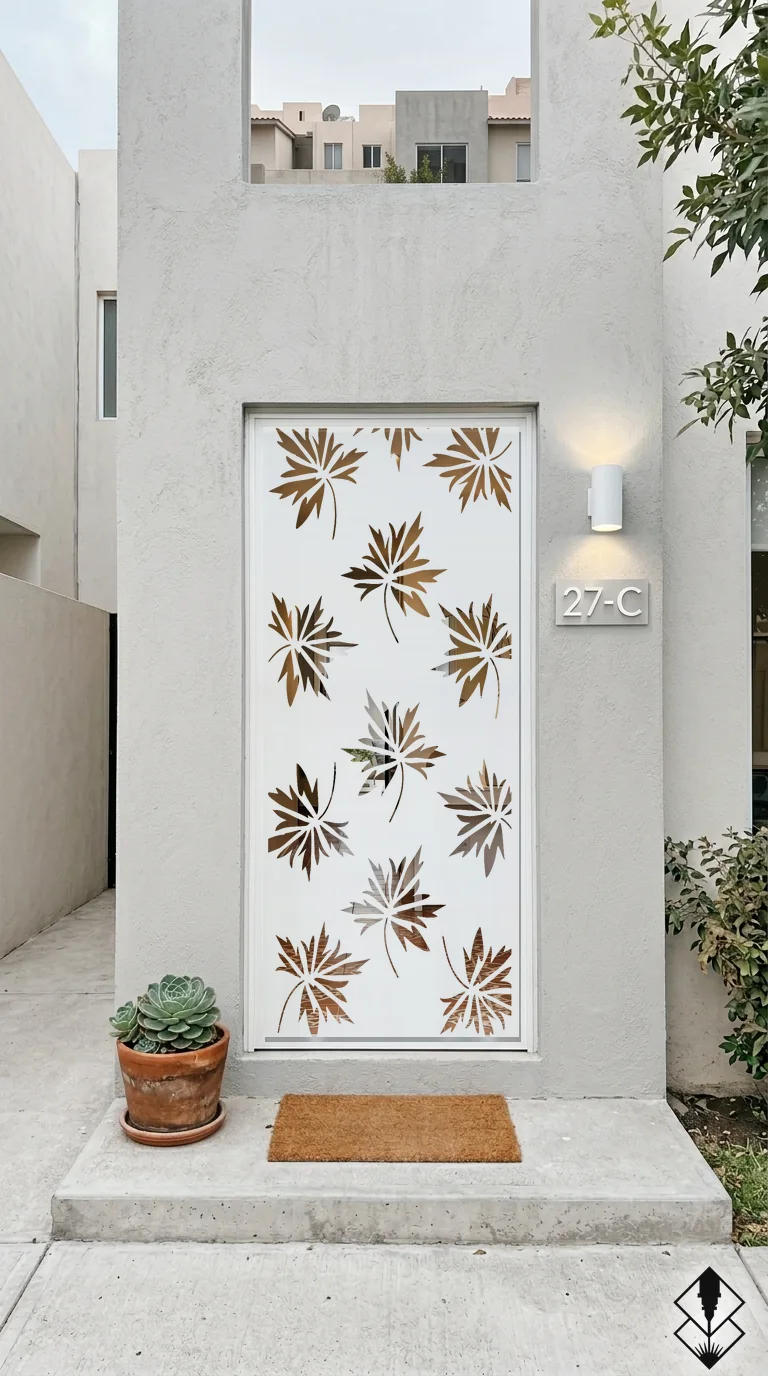 Celosía Maple en puerta blanco, corte láser CNC en acero · Prometeus