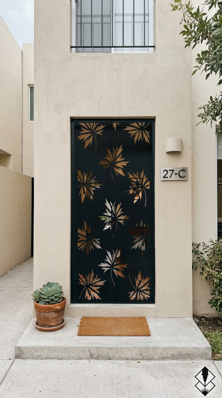 Celosía Maple en puerta negro, corte láser CNC en acero · Prometeus