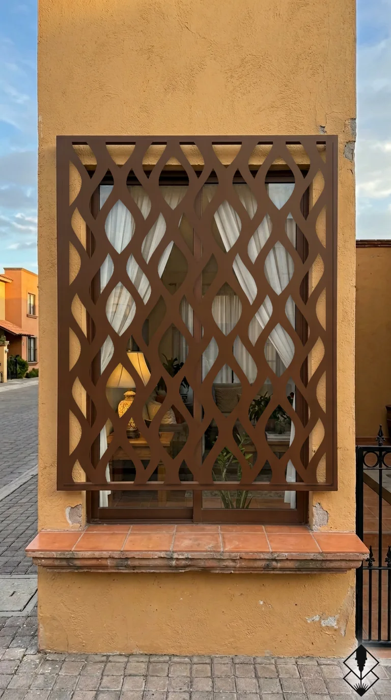 Celosía Mediterraneo en protección de ventana chocolate, corte láser CNC en acero · Prometeus