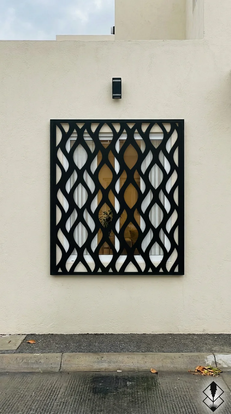 Celosía Mediterraneo en protección de ventana negro, corte láser CNC en acero · Prometeus