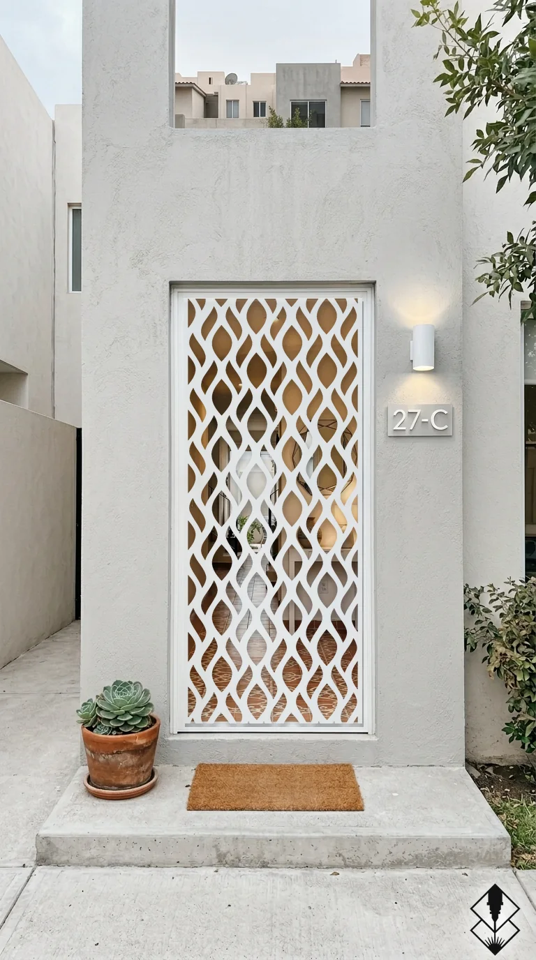 Celosía Mediterraneo en puerta blanco, corte láser CNC en acero · Prometeus