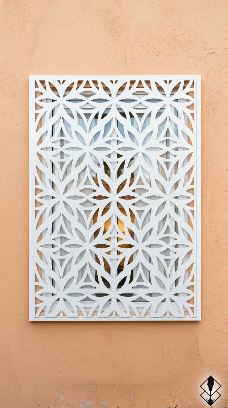 Celosía Nochebuena en protección de ventana blanco, corte láser CNC en acero · Prometeus