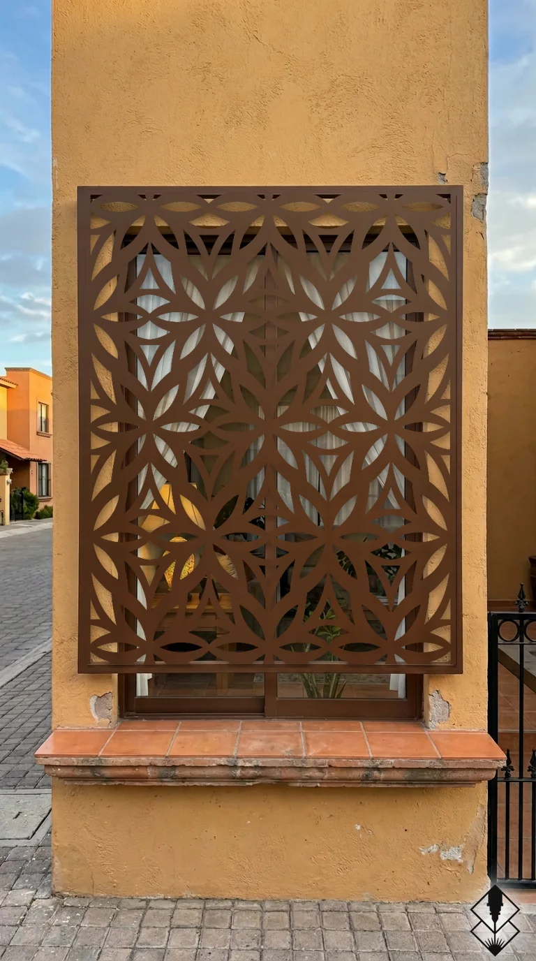 Celosía Nochebuena en protección de ventana chocolate, corte láser CNC en acero · Prometeus