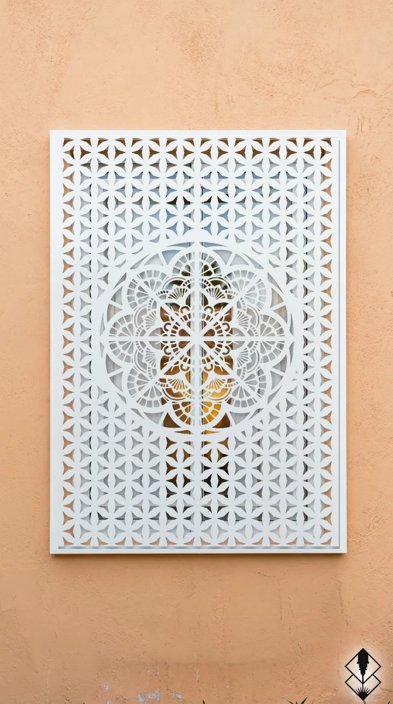 Celosía Nucleo en protección de ventana blanco, corte láser CNC en acero · Prometeus