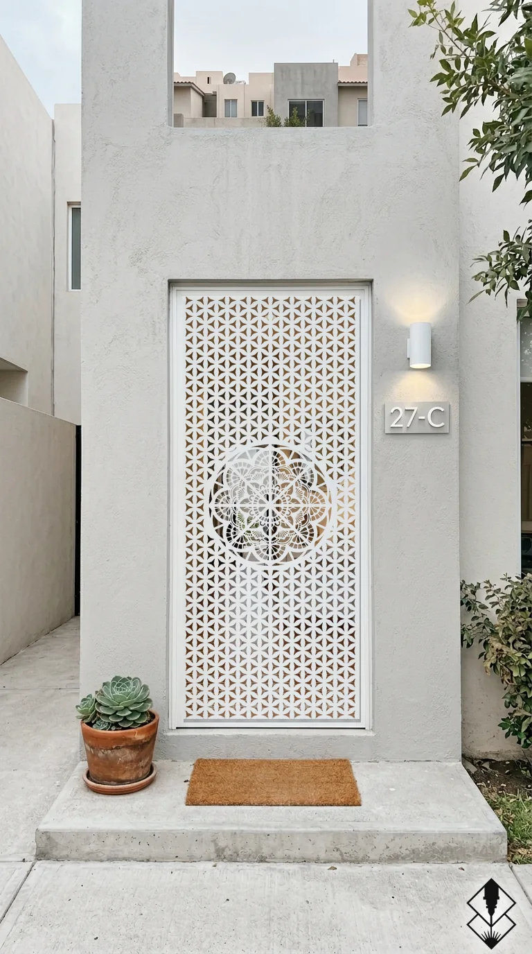 Celosía Nucleo en puerta blanco, corte láser CNC en acero · Prometeus