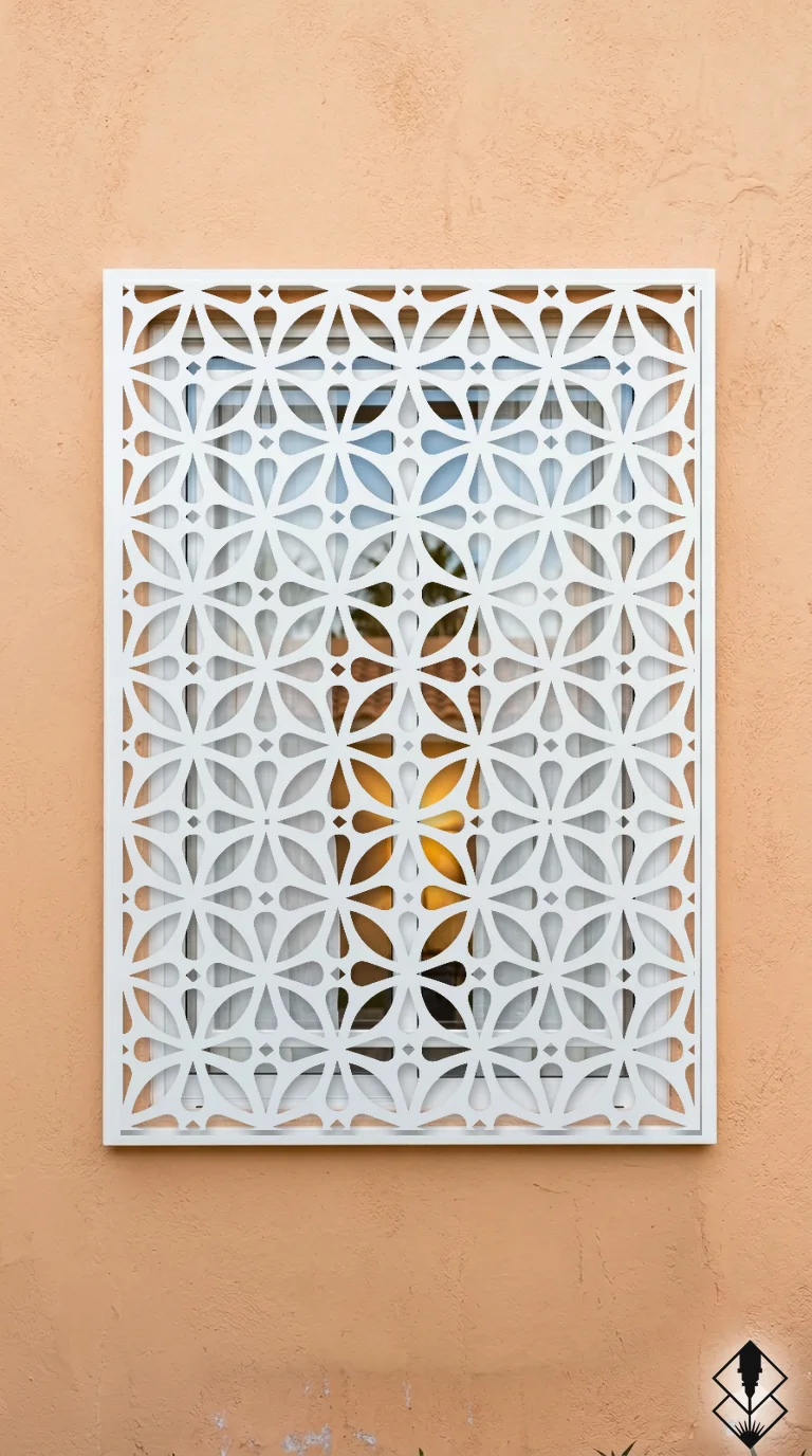 Celosía Nur en protección de ventana blanco, corte láser CNC en acero · Prometeus