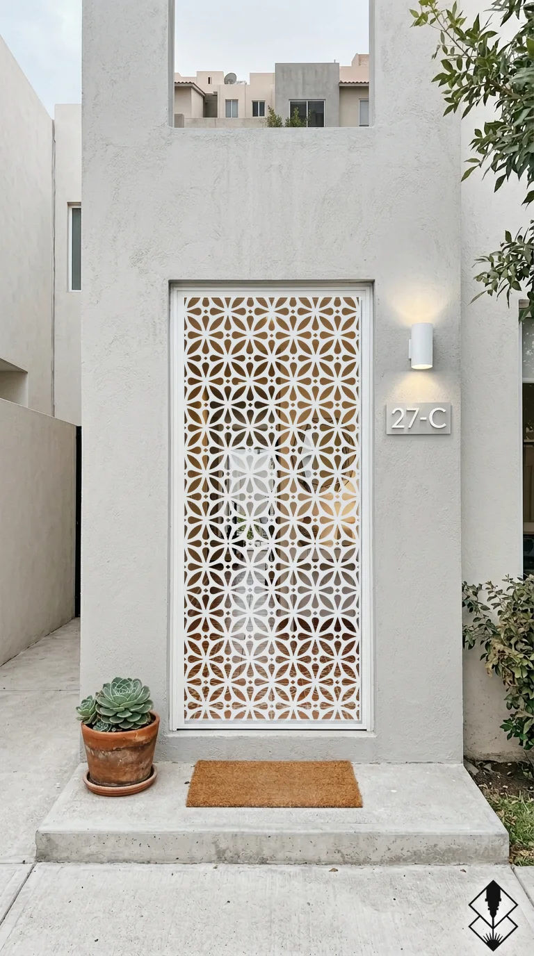 Celosía Nur en puerta blanco, corte láser CNC en acero · Prometeus