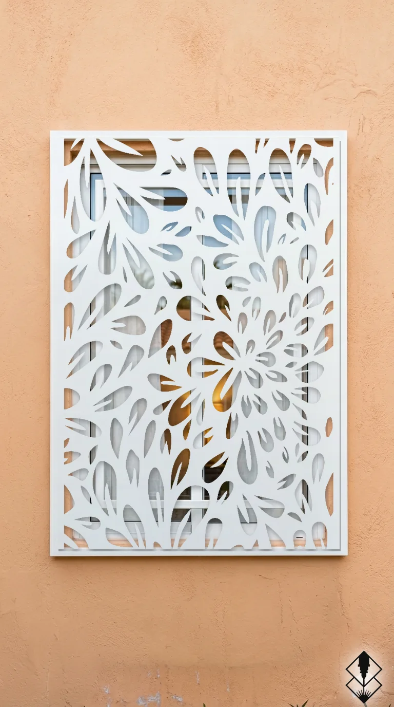 Celosía Obanada en protección de ventana blanco, corte láser CNC en acero · Prometeus