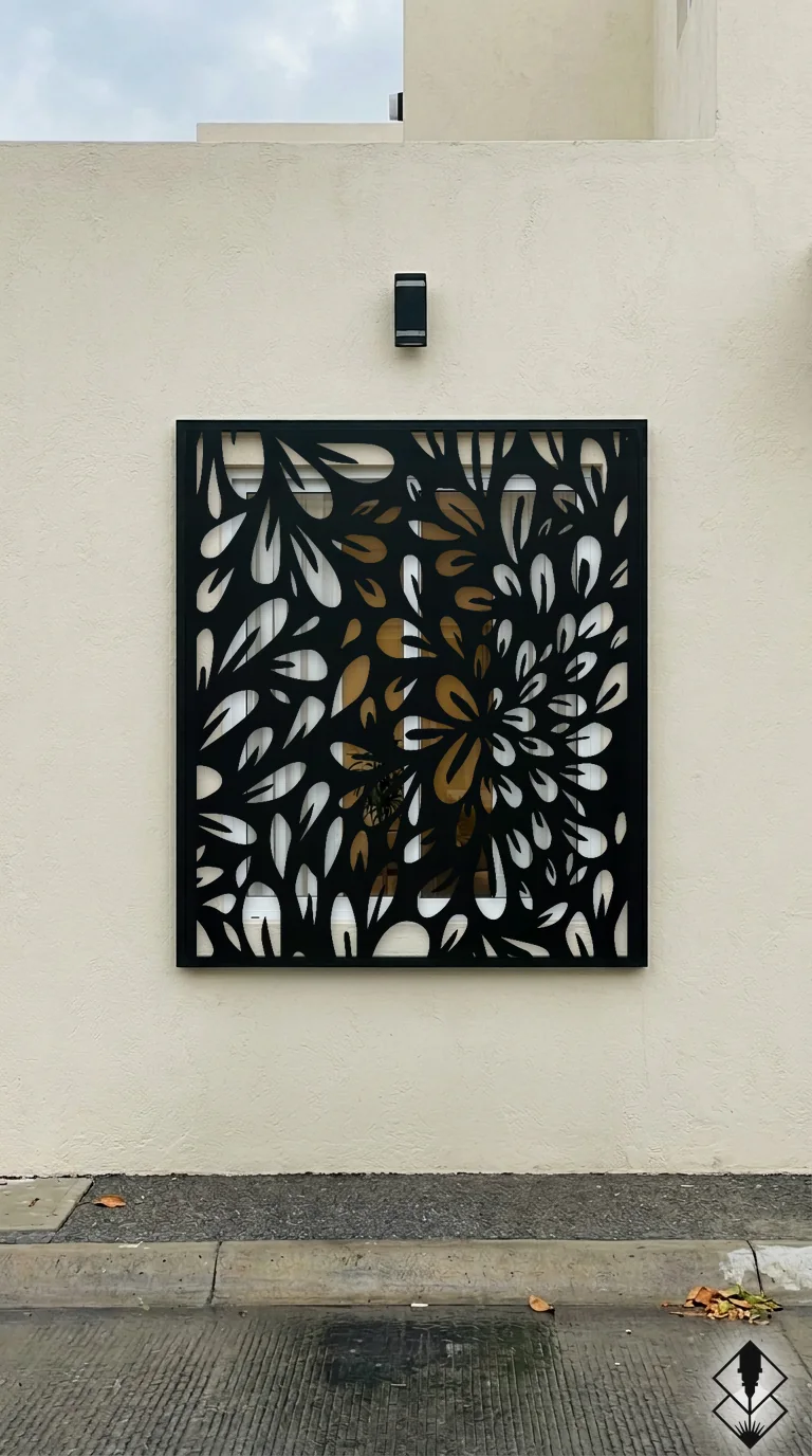 Celosía Obanada en protección de ventana negro, corte láser CNC en acero · Prometeus