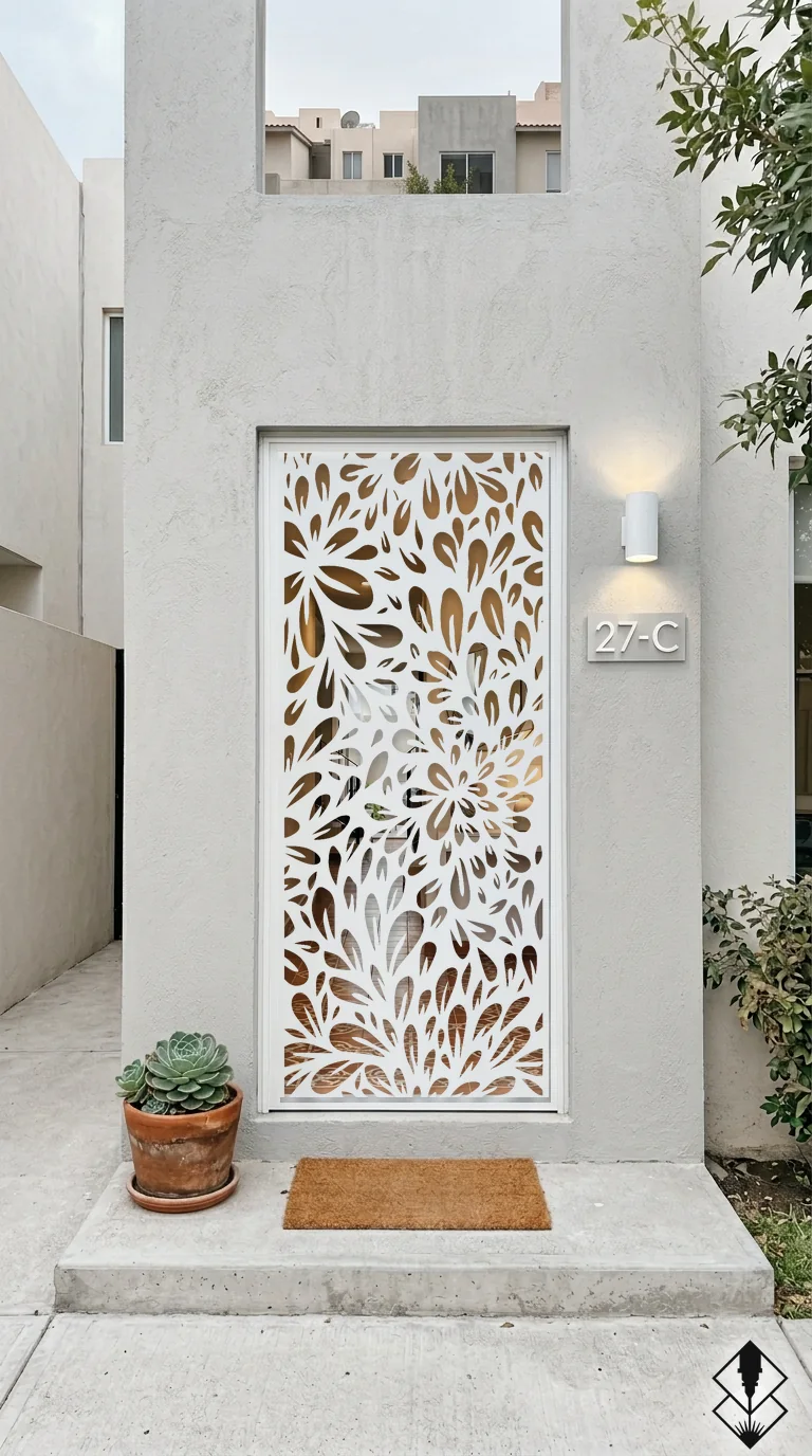 Celosía Obanada en puerta blanco, corte láser CNC en acero · Prometeus