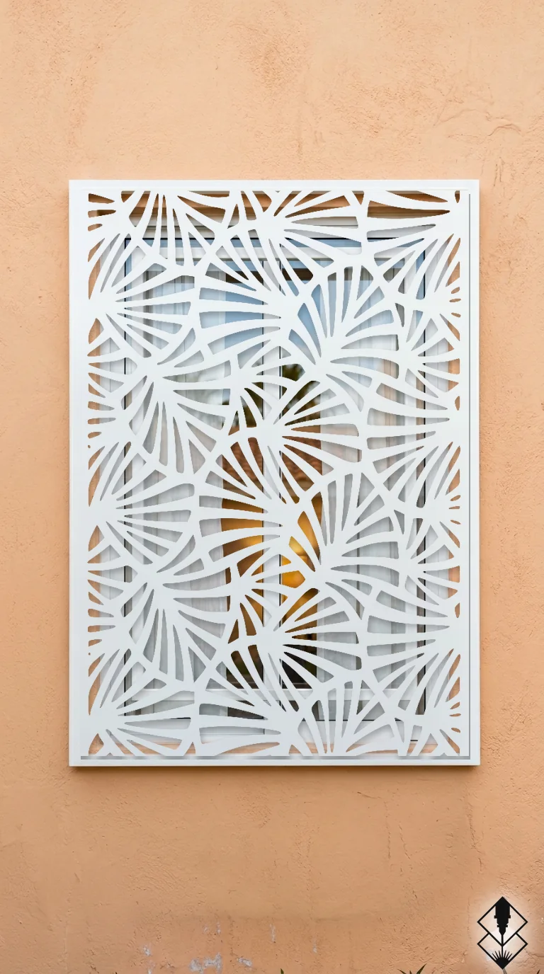 Celosía Organico en protección de ventana blanco, corte láser CNC en acero · Prometeus