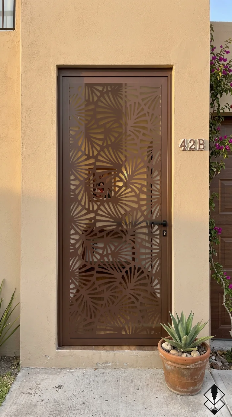 Celosía Organico en puerta chocolate, corte láser CNC en acero · Prometeus