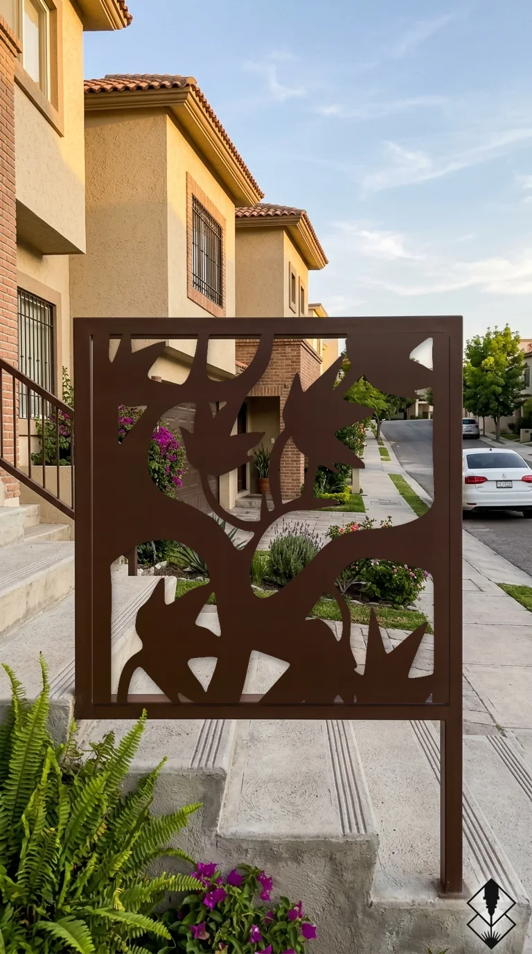 Celosía Otoño en barandal chocolate, corte láser CNC en acero · Prometeus