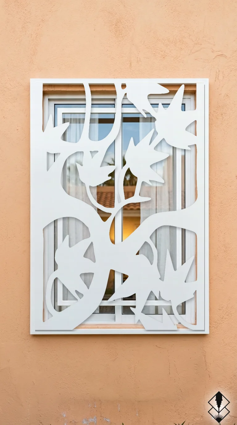 Celosía Otoño en protección de ventana blanco, corte láser CNC en acero · Prometeus