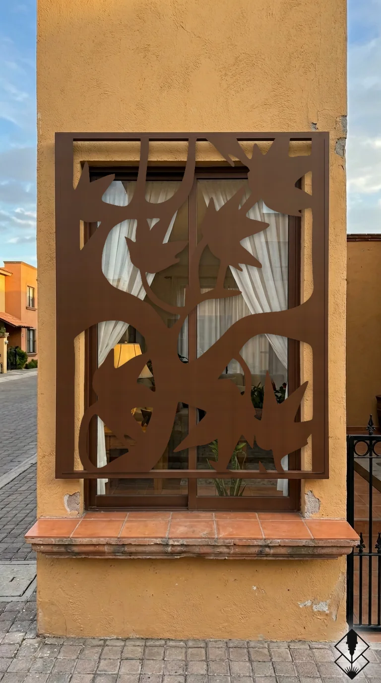 Celosía Otoño en protección de ventana chocolate, corte láser CNC en acero · Prometeus