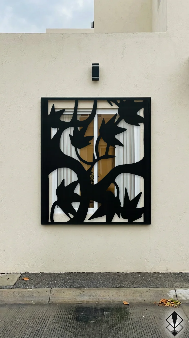 Celosía Otoño en protección de ventana negro, corte láser CNC en acero · Prometeus