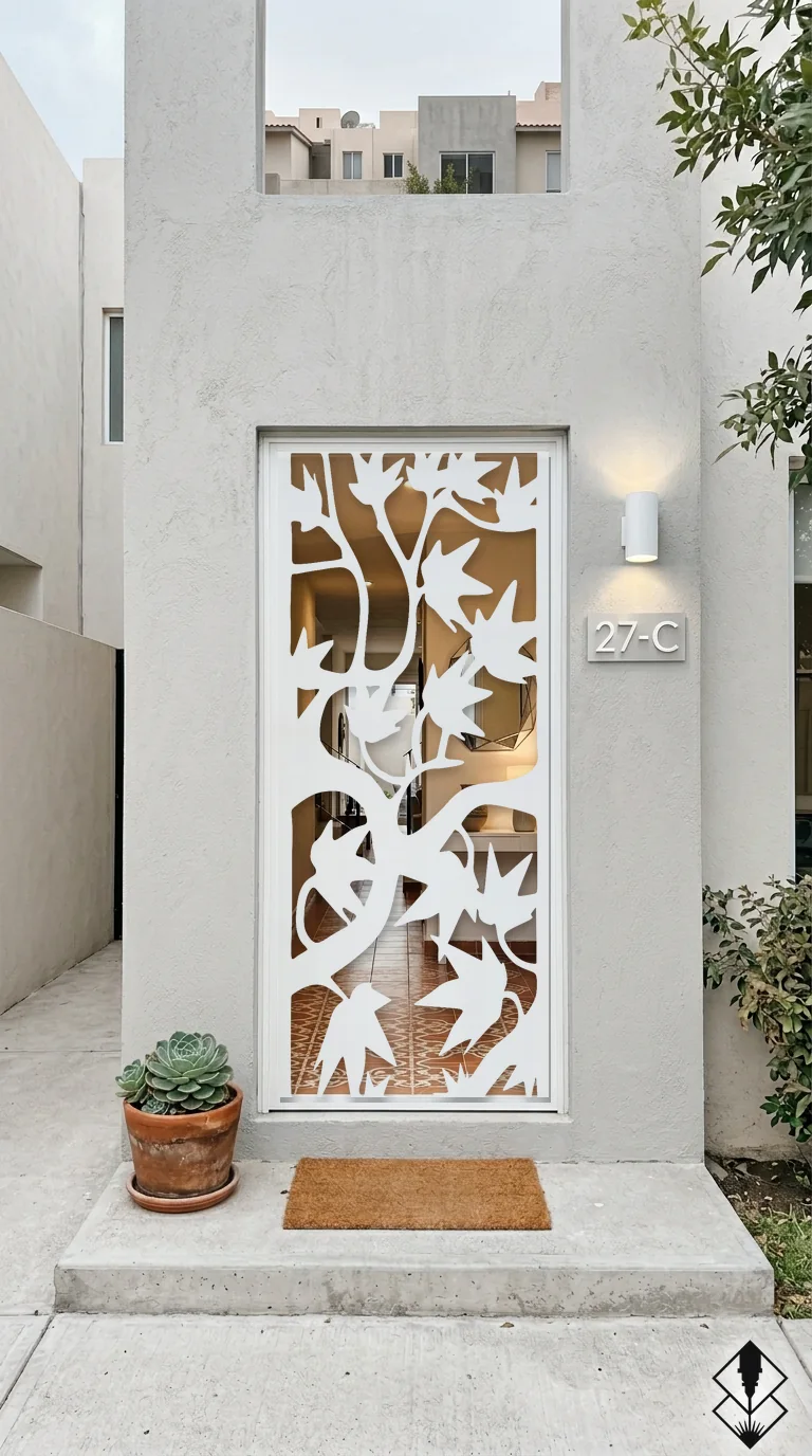 Celosía Otoño en puerta blanco, corte láser CNC en acero · Prometeus
