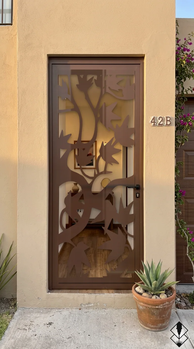 Celosía Otoño en puerta chocolate, corte láser CNC en acero · Prometeus