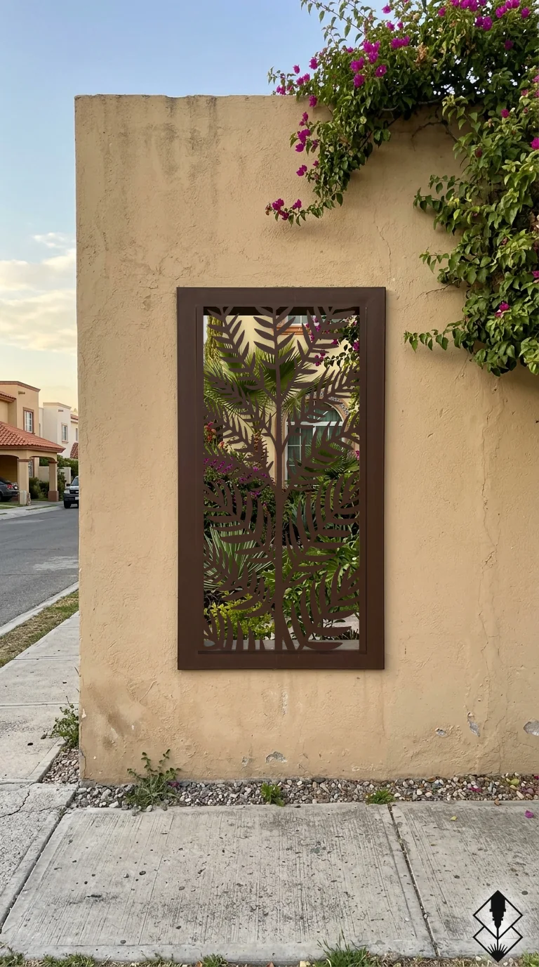 Celosía Palma Tropical en mampara de exterior chocolate, corte láser CNC en acero · Prometeus