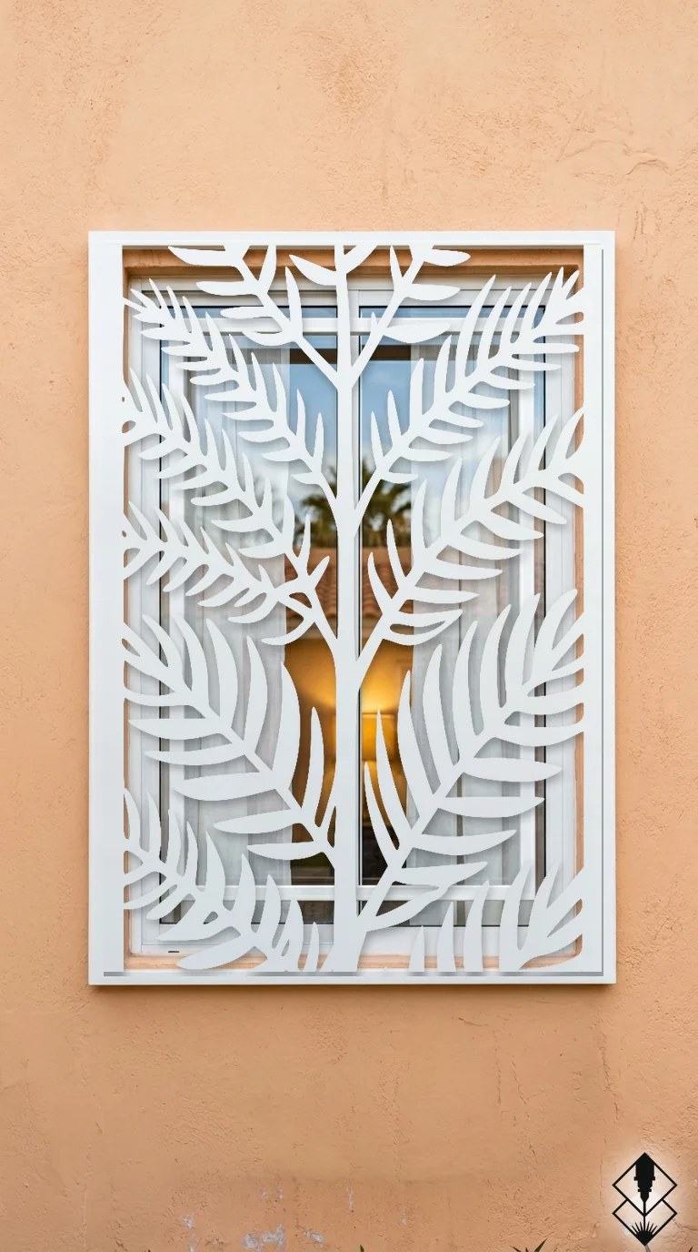 Celosía Palma Tropical en protección de ventana blanco, corte láser CNC en acero · Prometeus